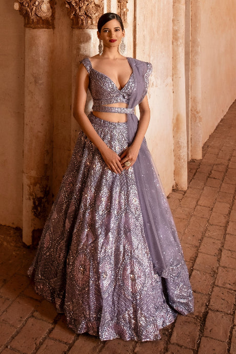 light purple Party Wear Embroidery Work Lehenga Choli For bride