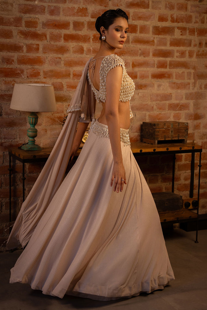 light beige color Bangalore Silk Mirror Embroidery Work Lehenga Engagement for bride