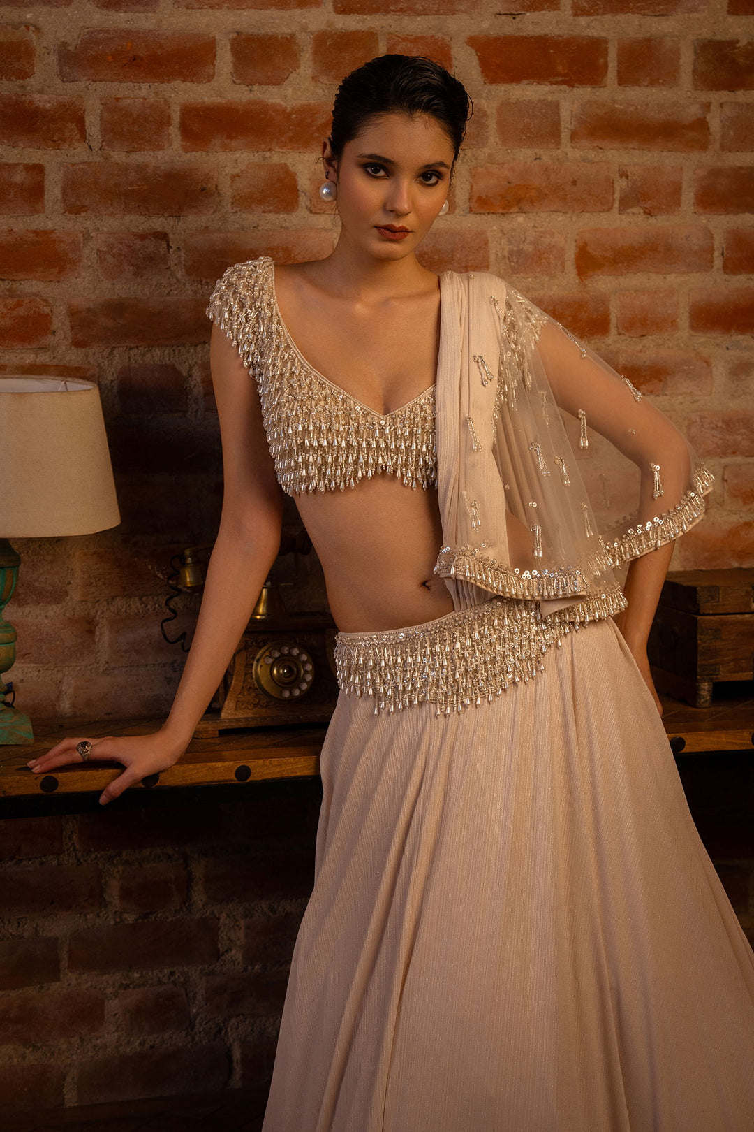 light beige color Bangalore Silk Mirror Embroidery Work Lehenga Engagement for bride