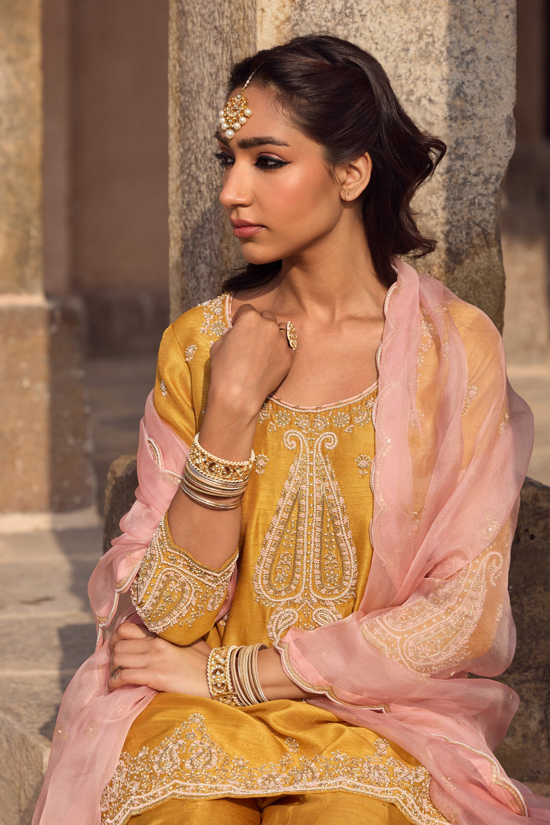 yellow color Velvet Embroidery Work Mirror Salwar Suits Designs