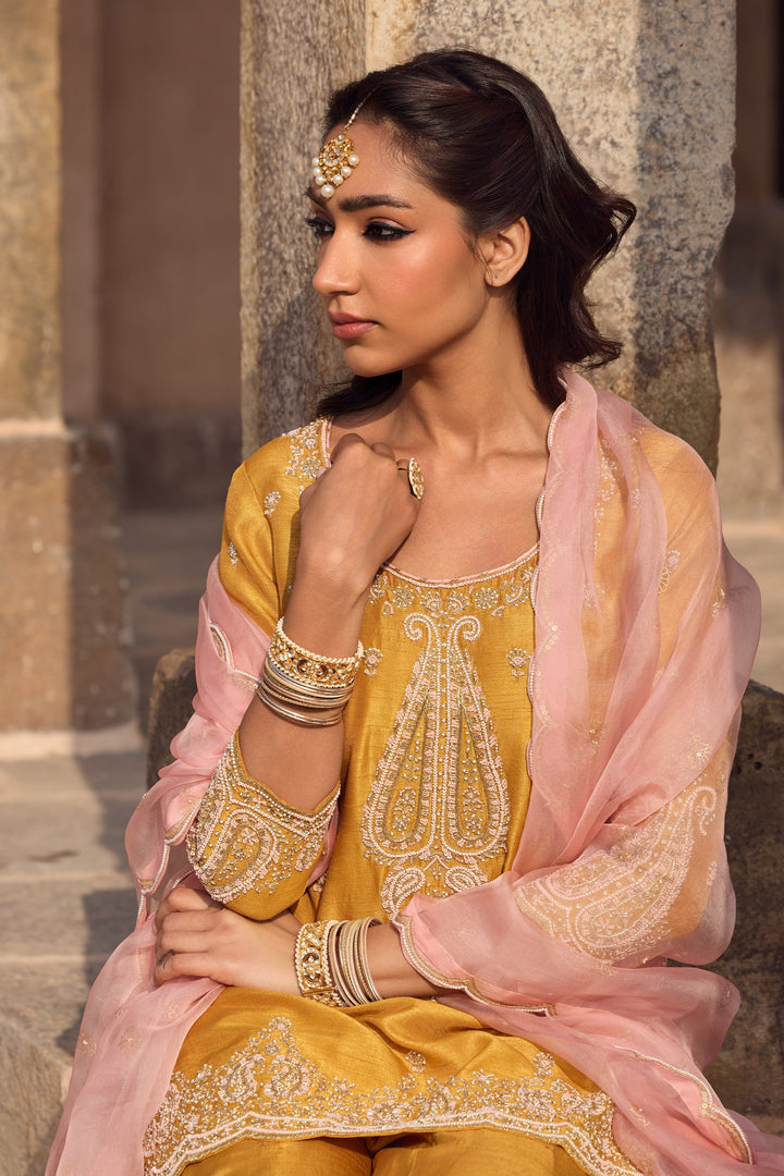 yellow color Velvet Embroidery Work Mirror Salwar Suits Designs