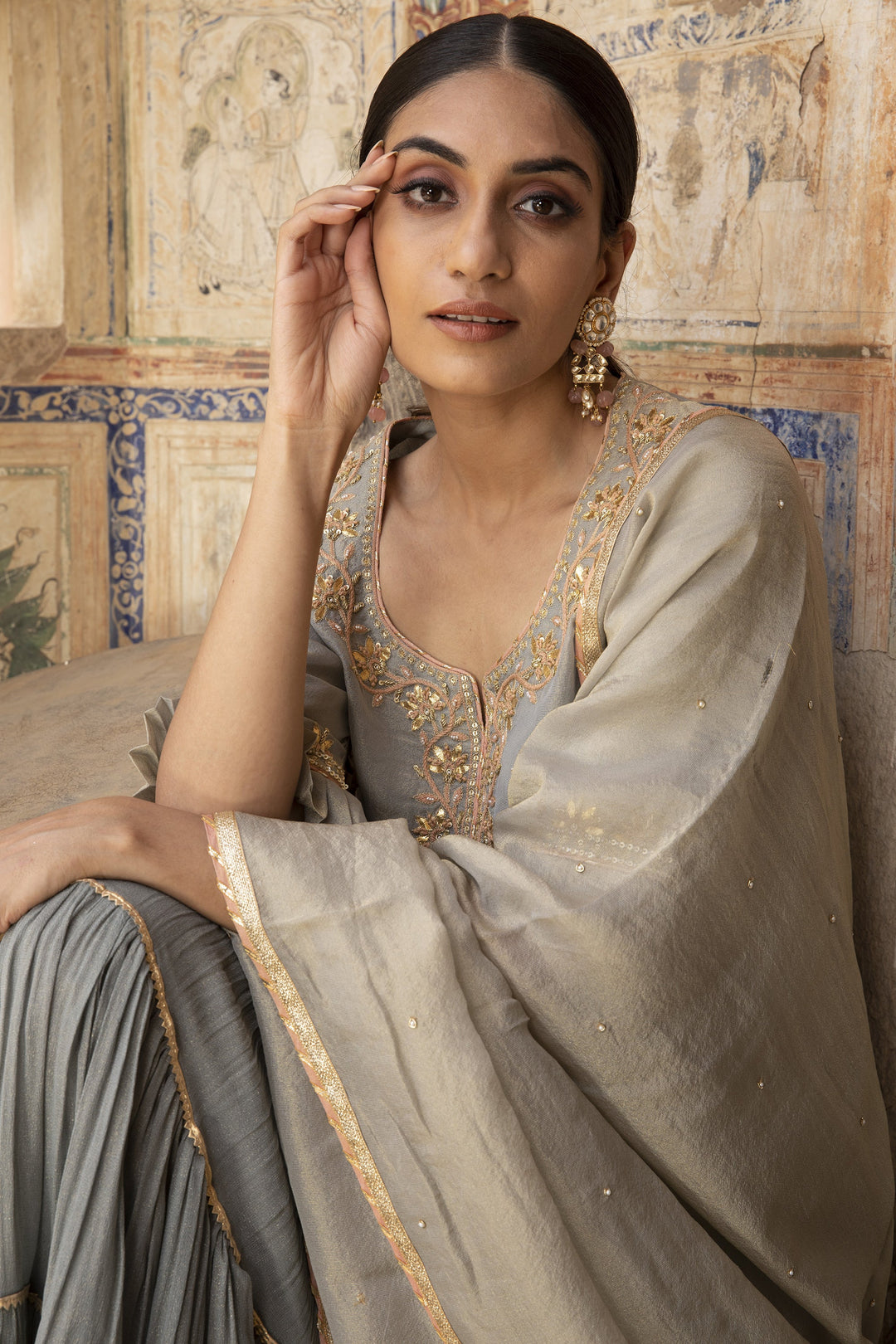 gray color Printed Designer Salwar Suits For Girls