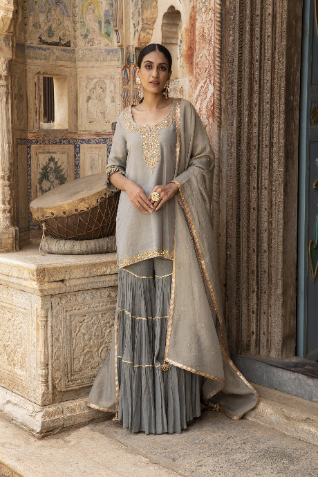 gray color Printed Designer Salwar Suits For Girls