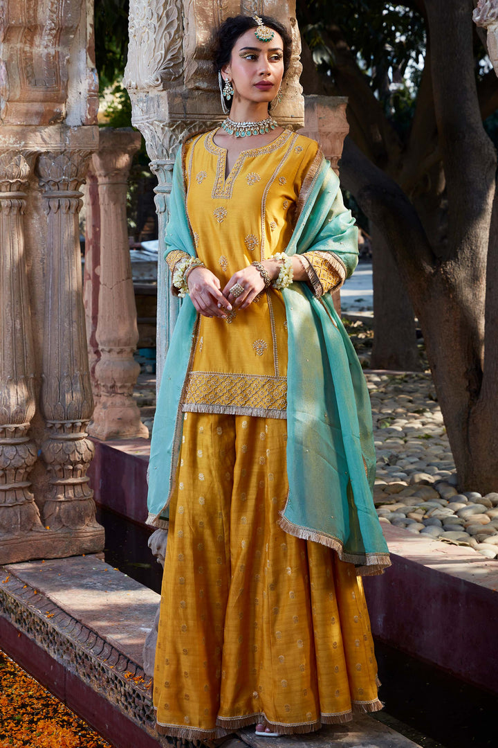 Eye Watering Yellow Color Creap Suit with Nazneen Dupatta