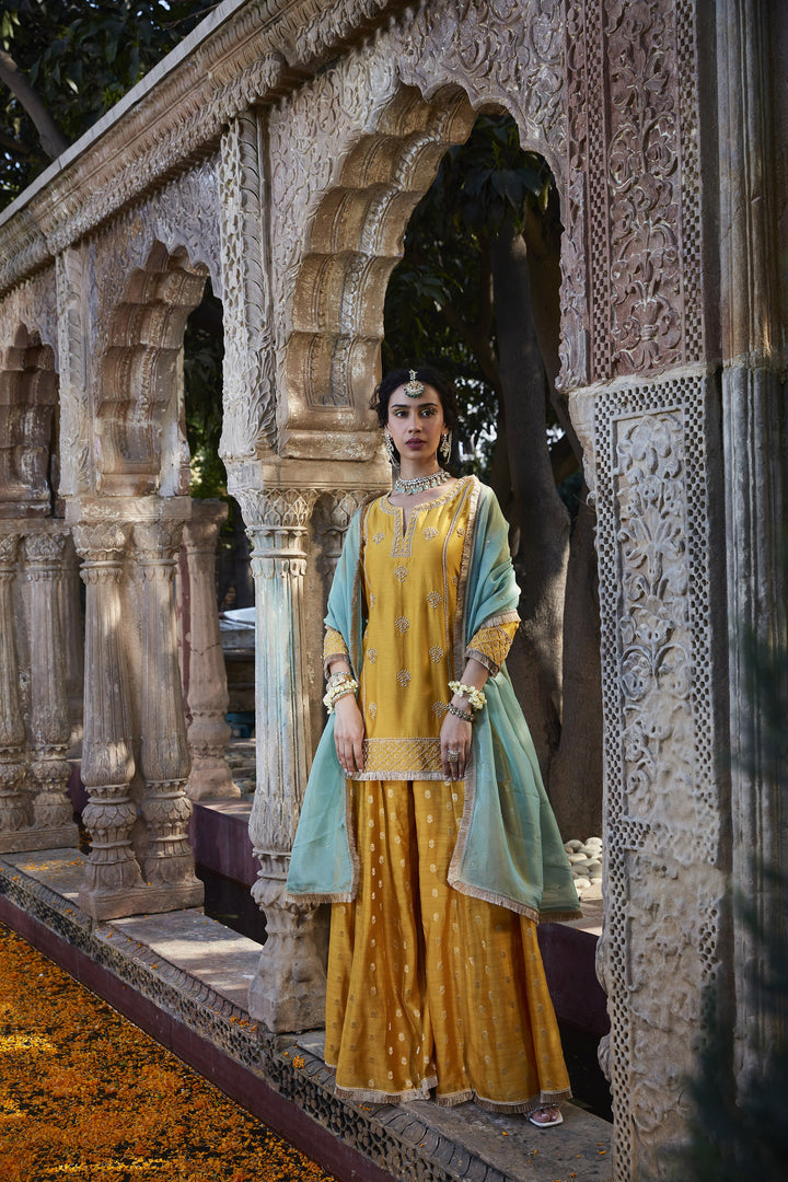 Eye Watering Yellow Color Creap Suit with Nazneen Dupatta