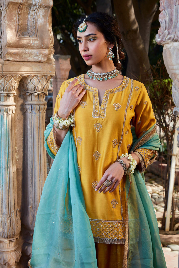Eye Watering Yellow Color Creap Suit with Nazneen Dupatta
