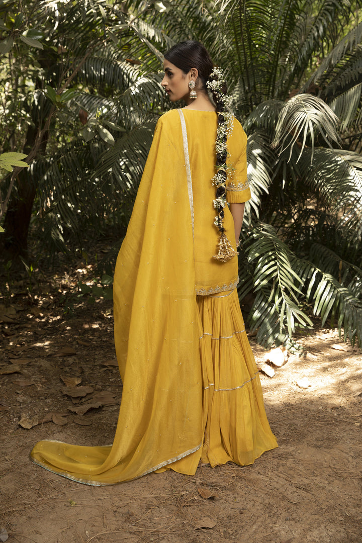 Yellow Color Chicken Embroidery Work Designer Dress