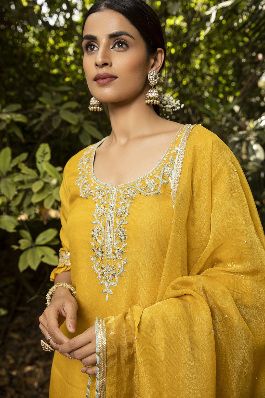 Yellow Color Chicken Embroidery Work Designer Dress