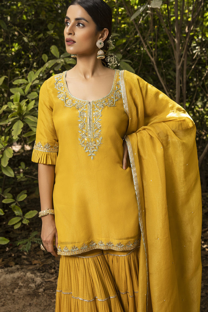 Yellow Color Chicken Embroidery Work Designer Dress