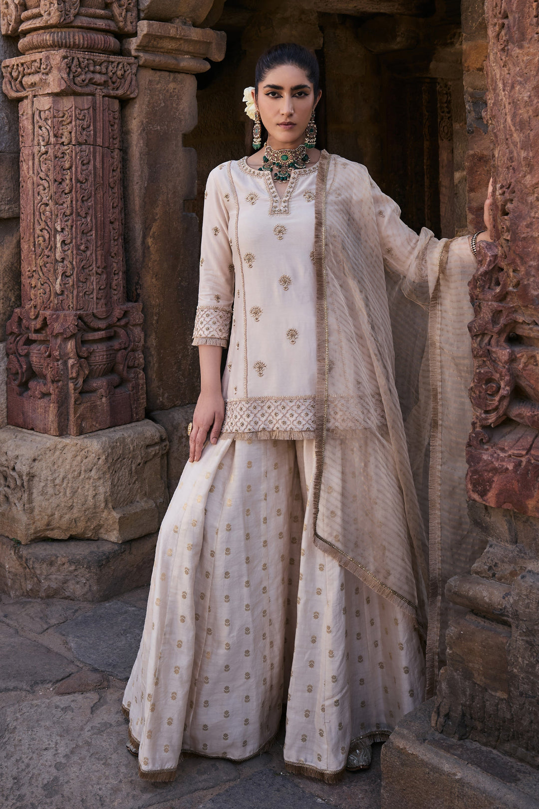 Fashionable white Color Embroidery Work Kurti Bottom Dupatta