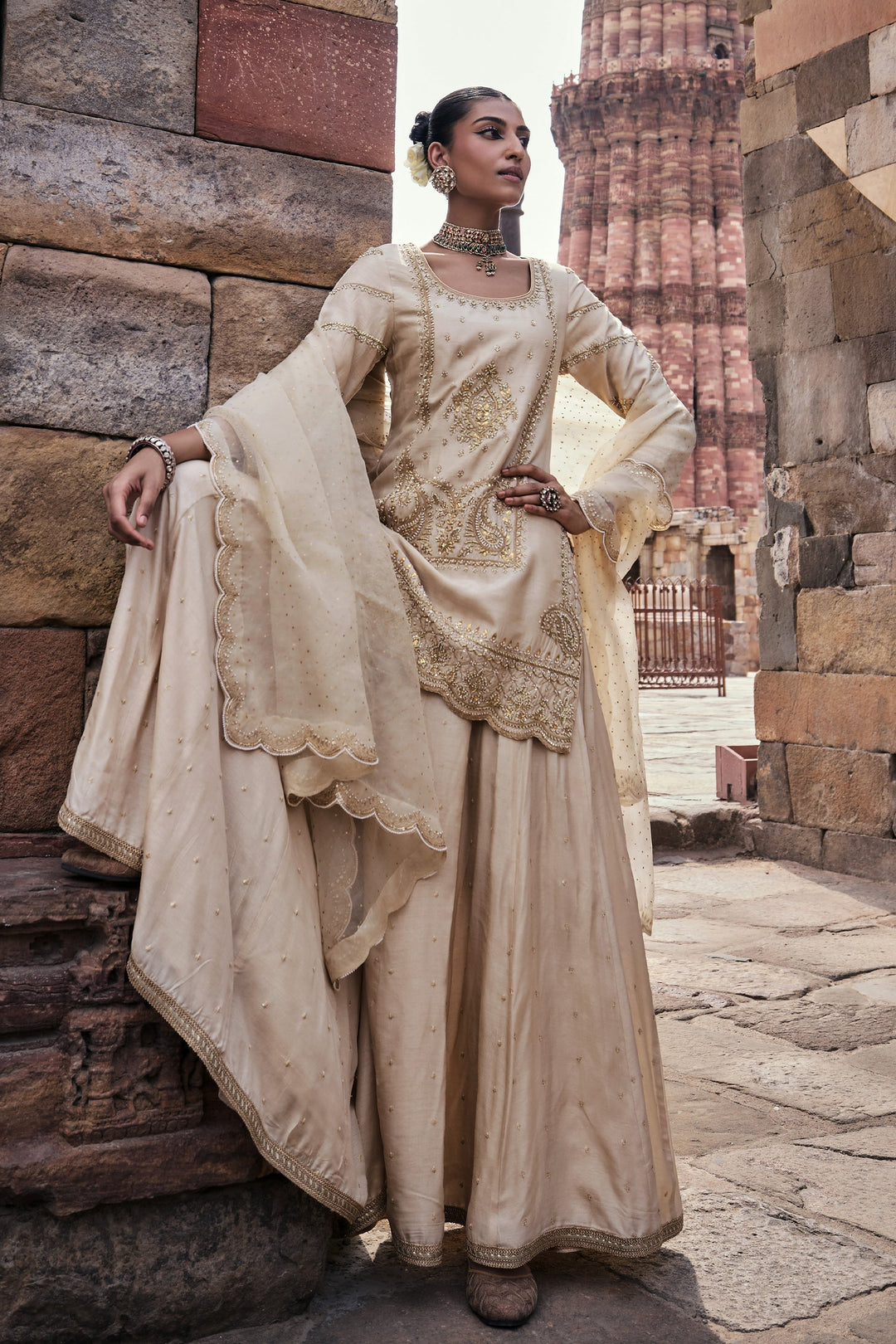 Designer Mirror cream color Embroidery Work Salwar Suits