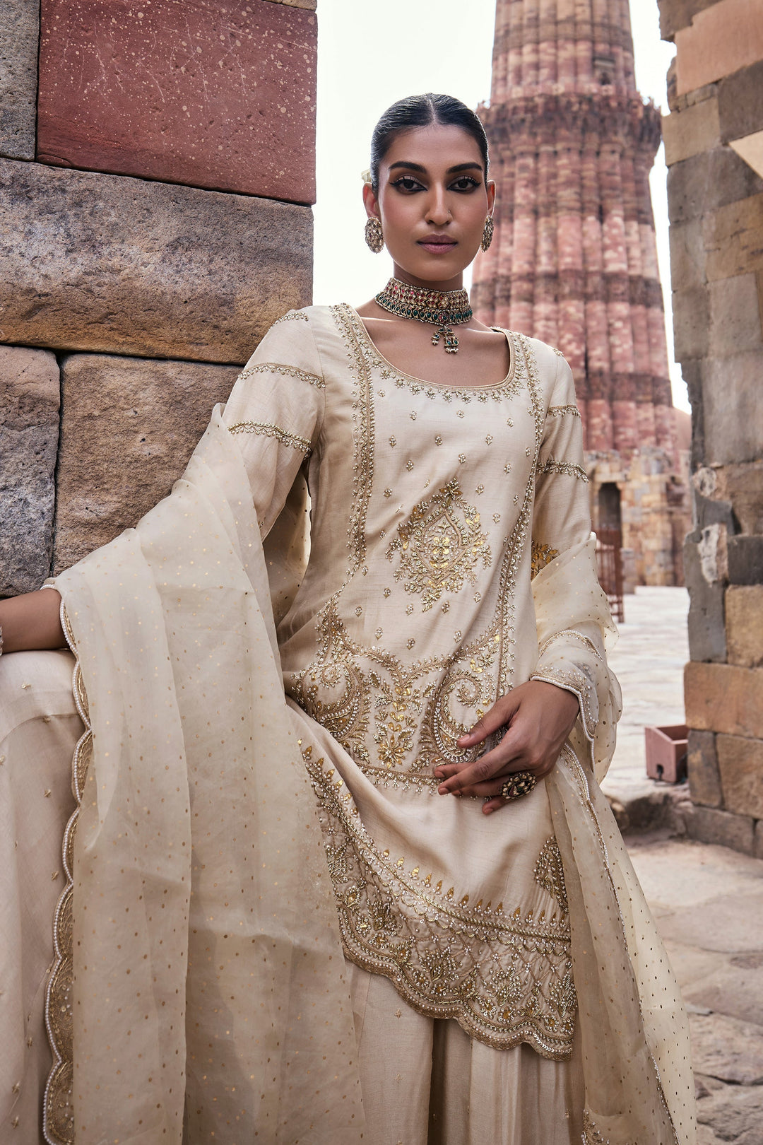 Designer Mirror cream color Embroidery Work Salwar Suits