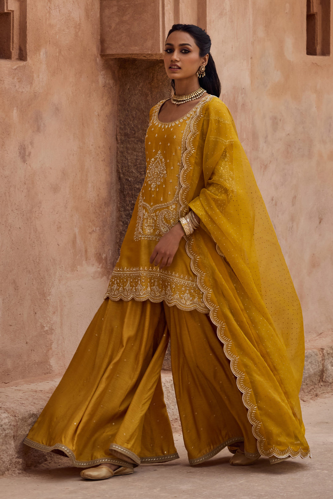 Yellow color Mirror Embroidery Work Salwar Suits For Wedding