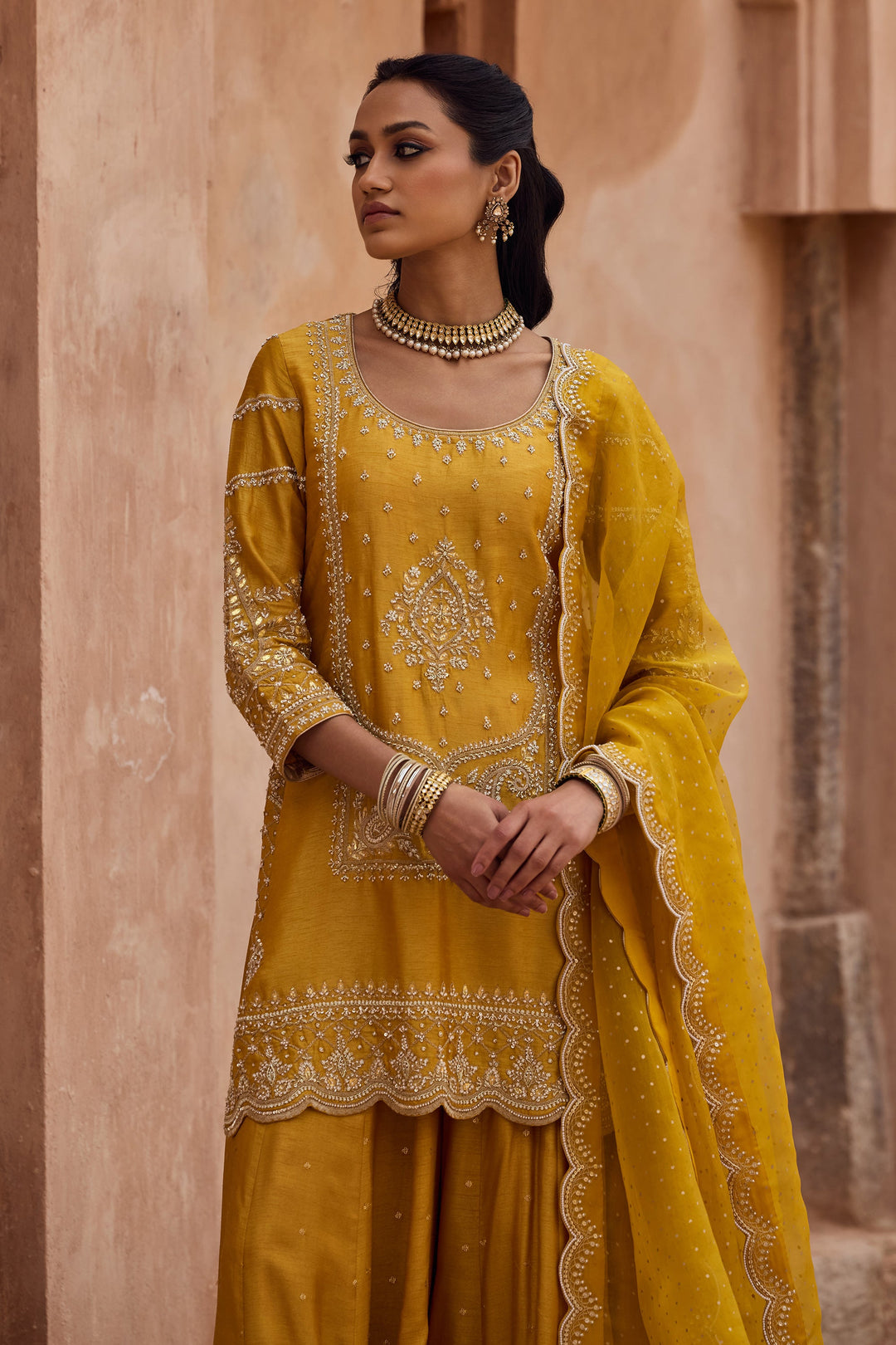 Yellow color Mirror Embroidery Work Salwar Suits For Wedding