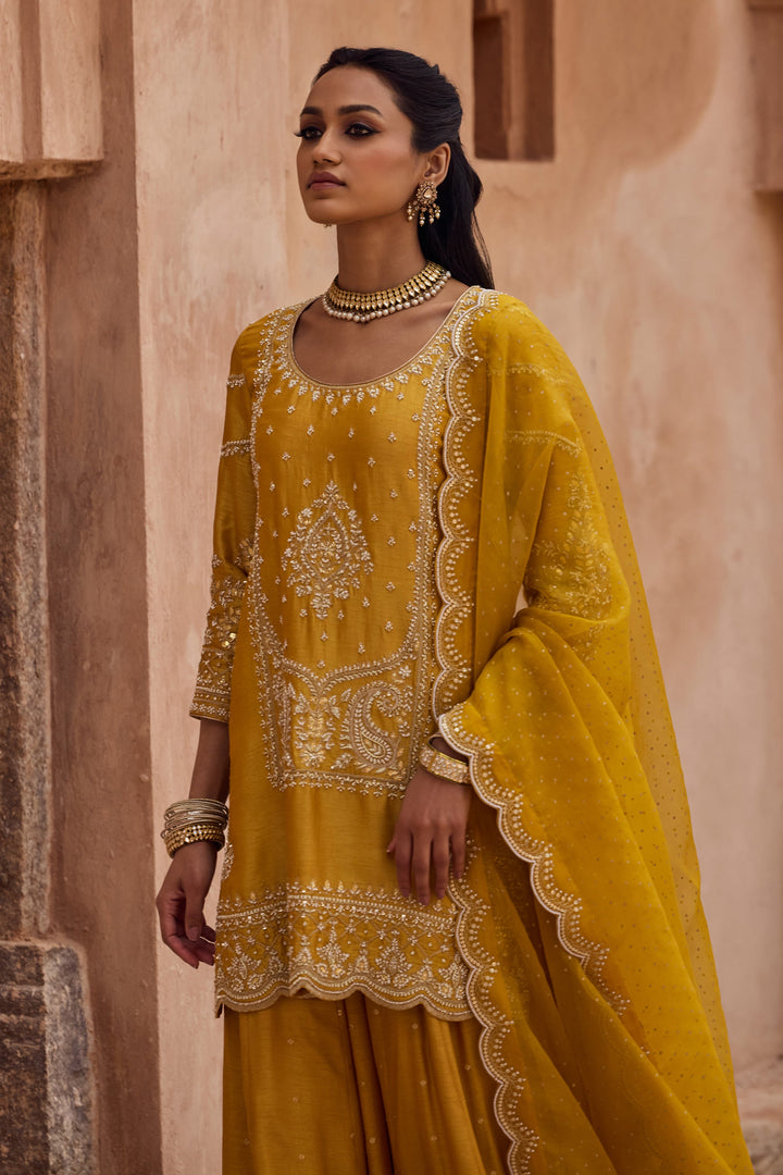 Yellow color Mirror Embroidery Work Salwar Suits For Wedding