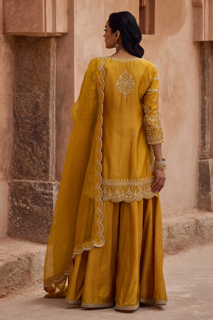 Yellow color Mirror Embroidery Work Salwar Suits For Wedding
